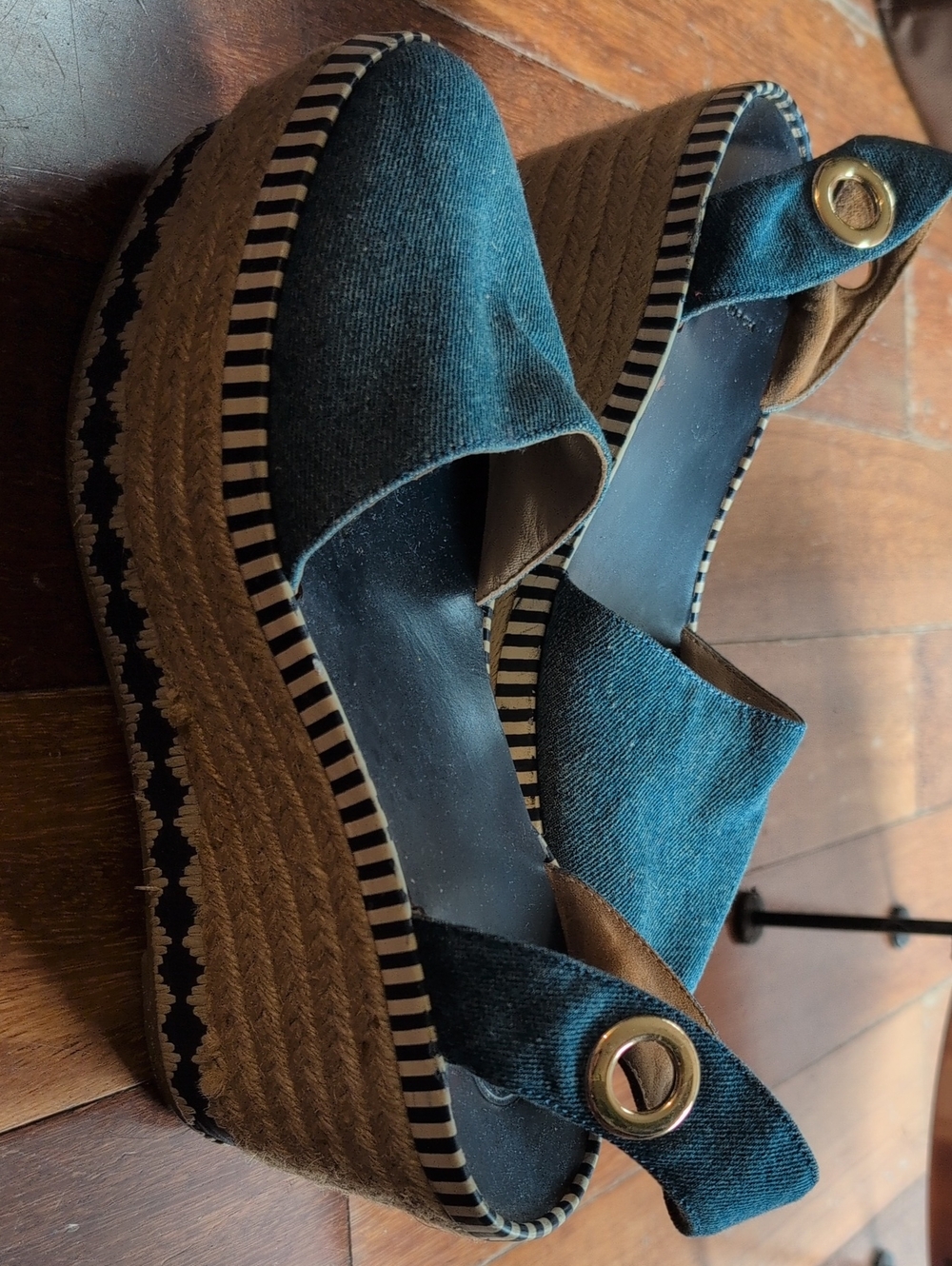Tory Burch Blue Jean  Espadrille Wedge Sandals with Gold Accent Size 7